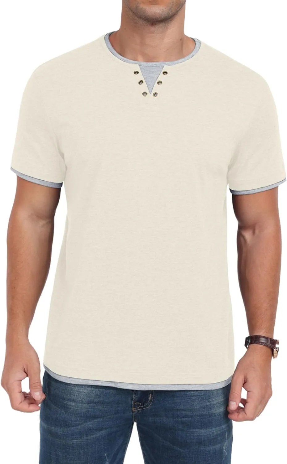 Men's Henley T-Shirt Short Sleeve Casual Lightweight Pullover Shirts Soft Stretch Basic Tees V Neck Metal Design Tops