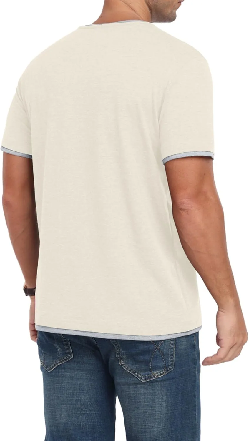 Men's Henley T-Shirt Short Sleeve Casual Lightweight Pullover Shirts Soft Stretch Basic Tees V Neck Metal Design Tops