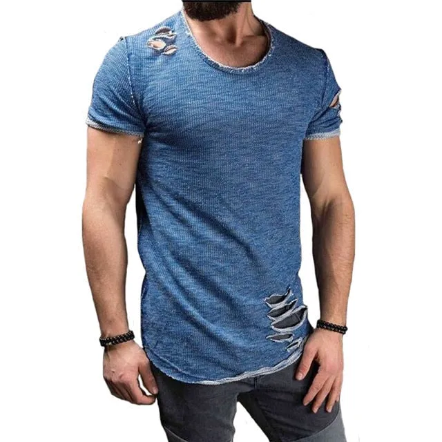 Men's Hot Trendy Round Neck Ripped T Shirt