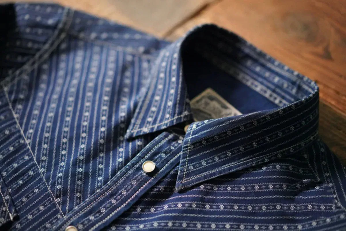 Men's Indigo Stripes Denim Shirt with Long Sleeves - Regular Fit