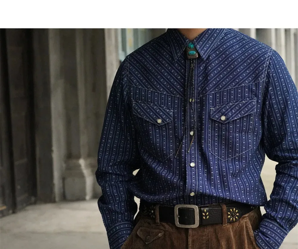 Men's Indigo Stripes Denim Shirt with Long Sleeves - Regular Fit