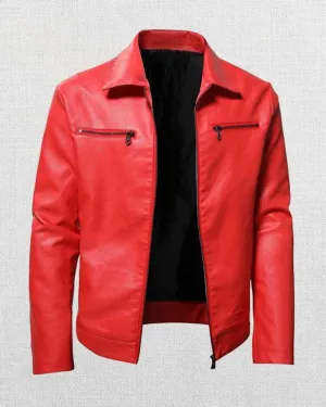 MEN'S LAPEL COLLAR ZIP-UP LEATHER JACKET