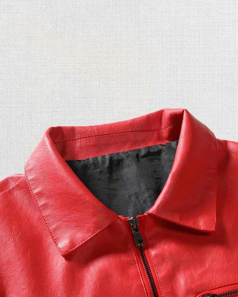 MEN'S LAPEL COLLAR ZIP-UP LEATHER JACKET