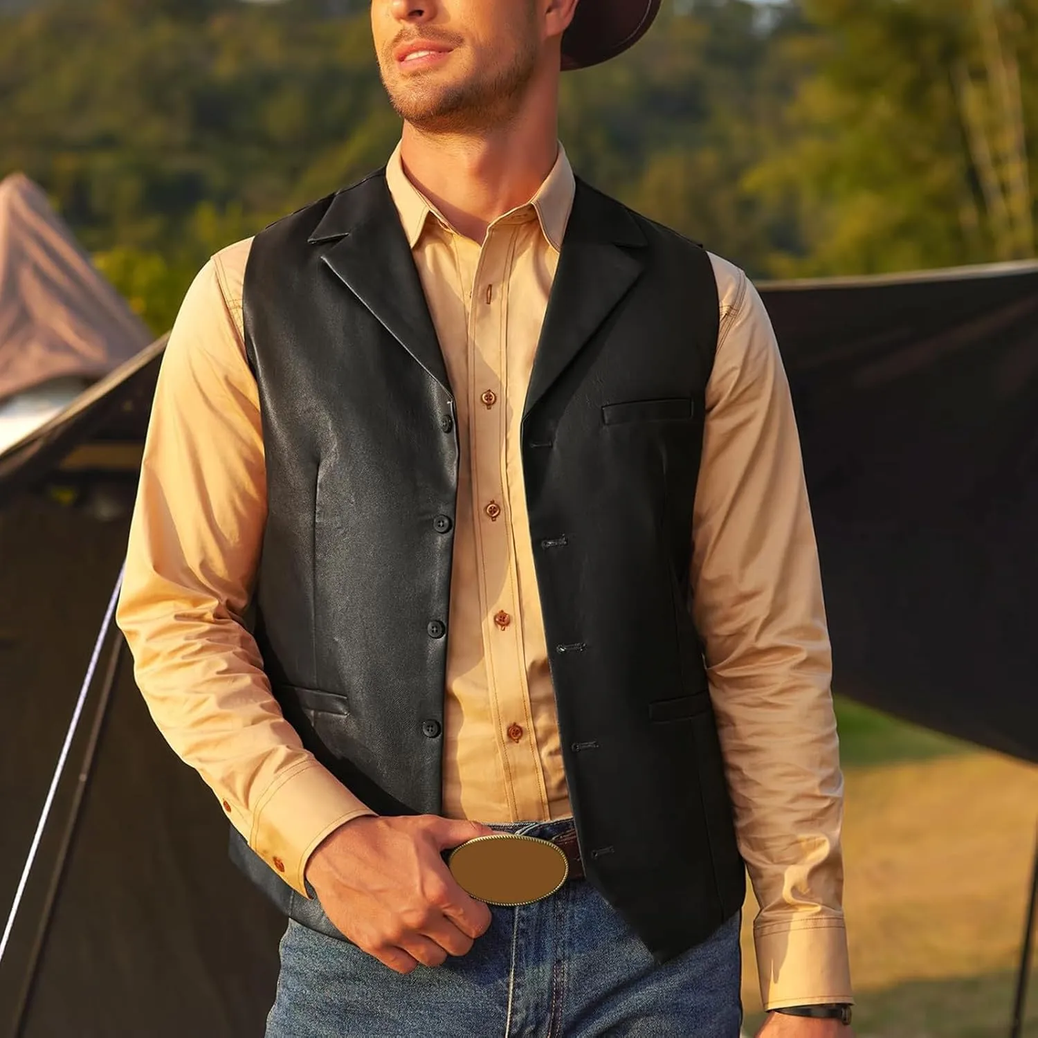 Men's Leather Suit Vest Casual Slim Fit Western Cowboy Suit Vest Jacket Club Style Motorcycle Protective Coat Vest
