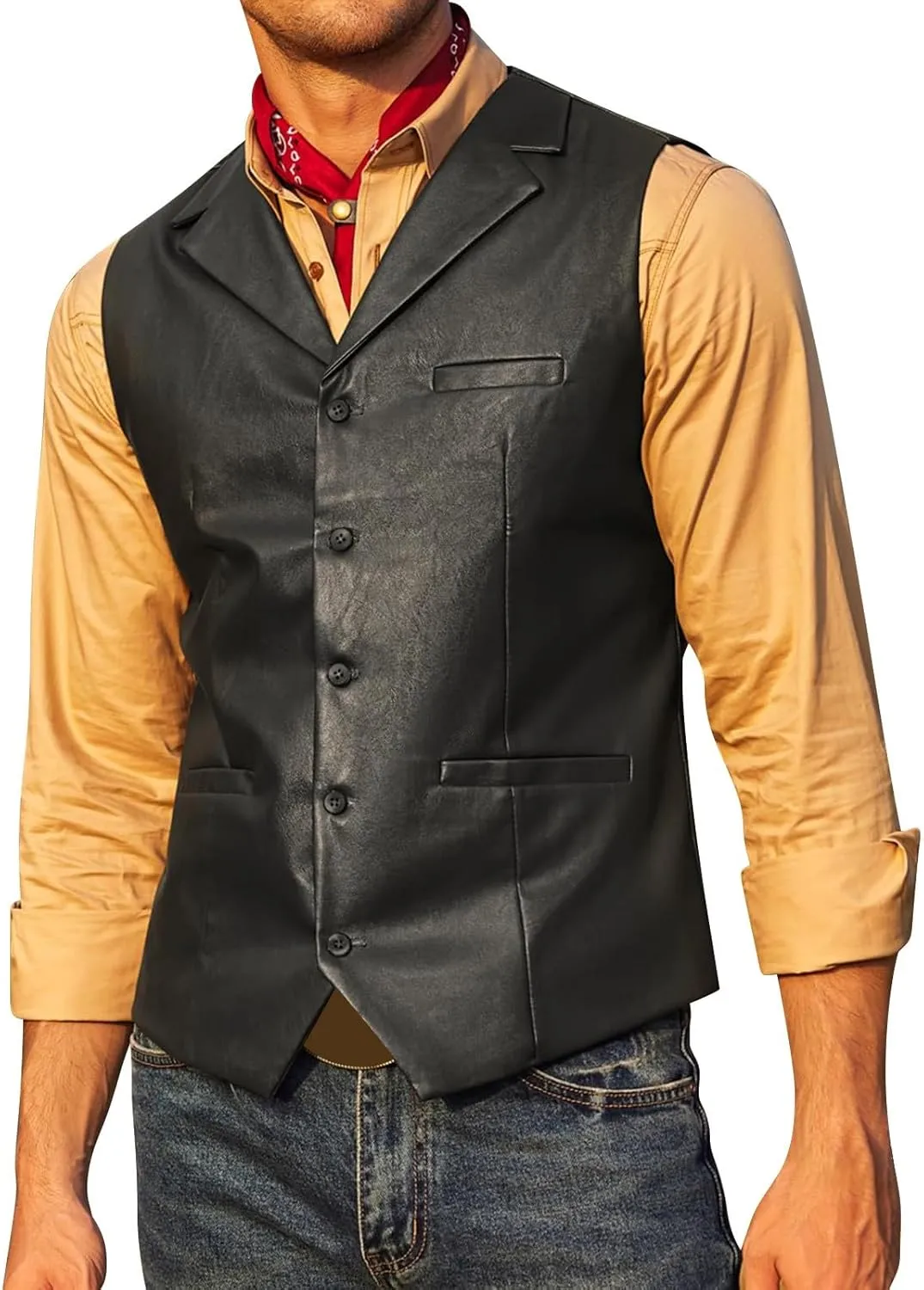 Men's Leather Suit Vest Casual Slim Fit Western Cowboy Suit Vest Jacket Club Style Motorcycle Protective Coat Vest