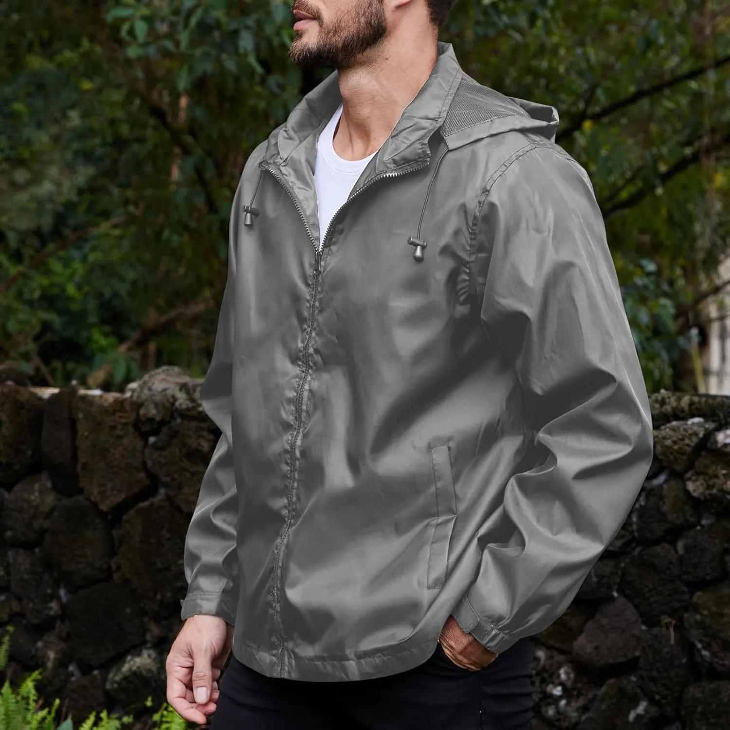 Mens Lightweight Hiking Rain Jackets with Hood Outdoor Travel Waterproof Raincoat Packable Shell Cycling Windbreakers