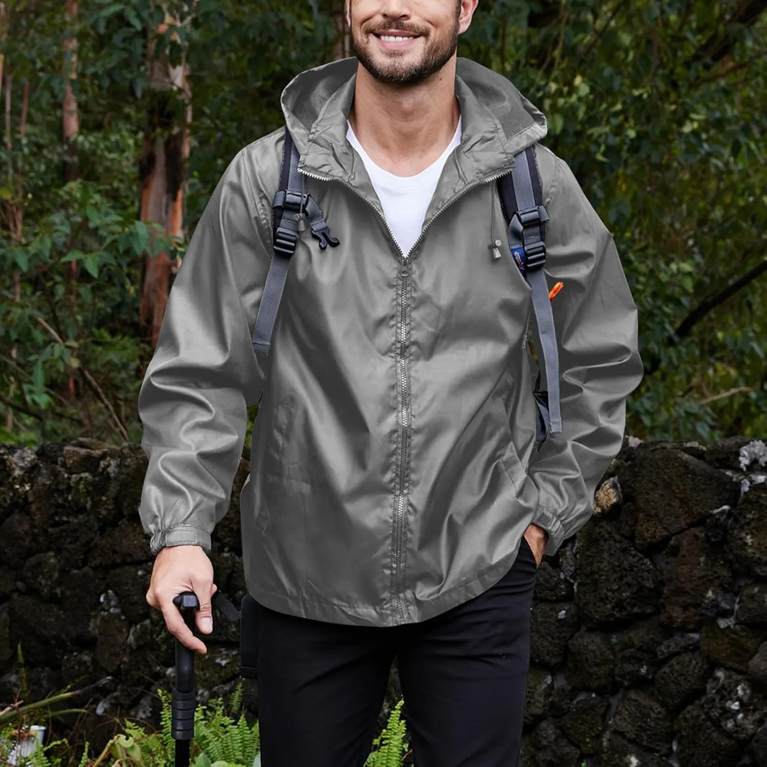 Mens Lightweight Hiking Rain Jackets with Hood Outdoor Travel Waterproof Raincoat Packable Shell Cycling Windbreakers
