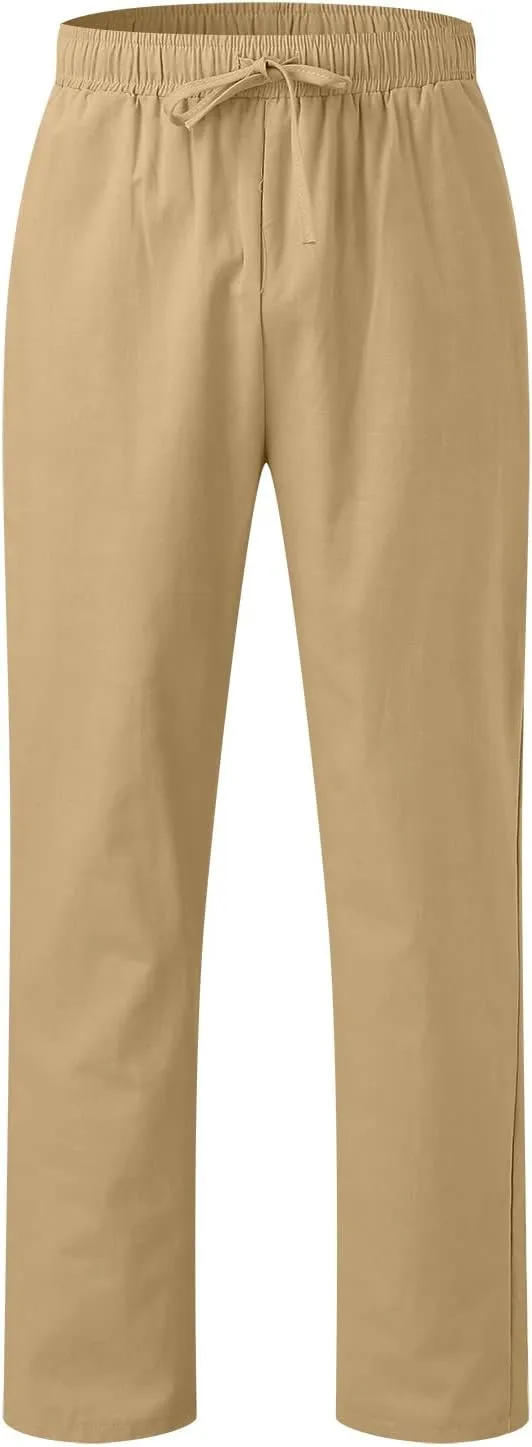 Mens Linen Cotton Casual Trousers 2024 Summer Resort Wear Beach Pants for Men Lightweight Elastic Waist Cruise Slack