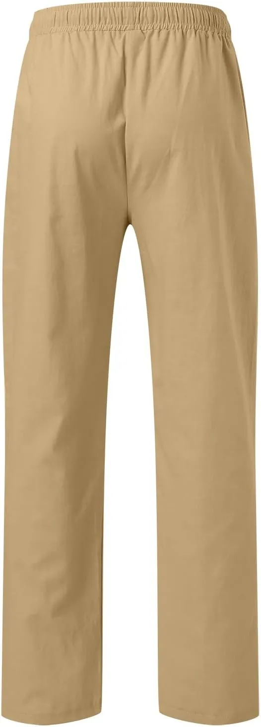 Mens Linen Cotton Casual Trousers 2024 Summer Resort Wear Beach Pants for Men Lightweight Elastic Waist Cruise Slack