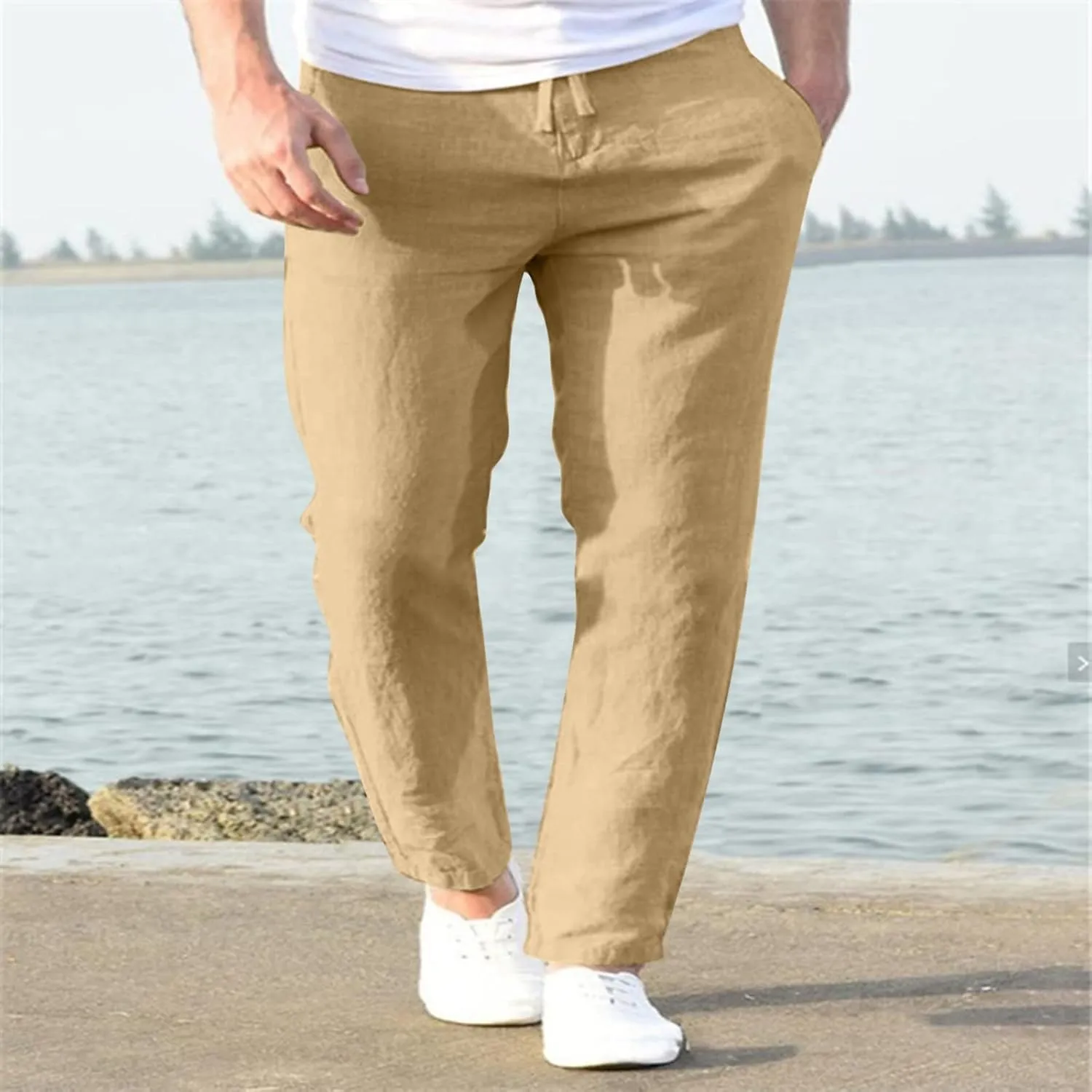 Mens Linen Cotton Casual Trousers 2024 Summer Resort Wear Beach Pants for Men Lightweight Elastic Waist Cruise Slack