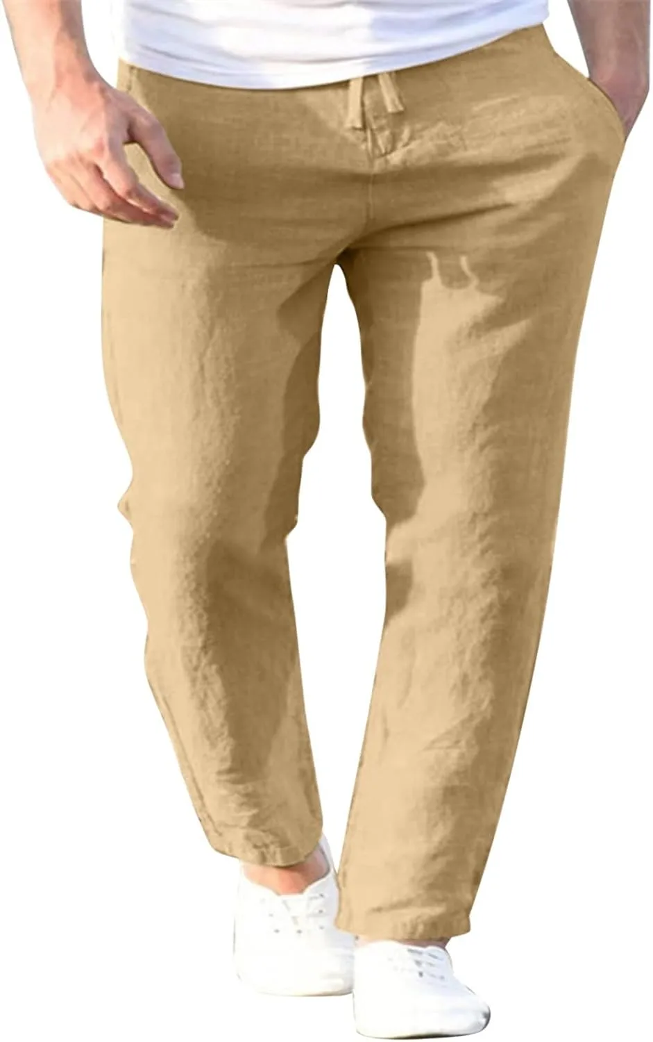 Mens Linen Cotton Casual Trousers 2024 Summer Resort Wear Beach Pants for Men Lightweight Elastic Waist Cruise Slack