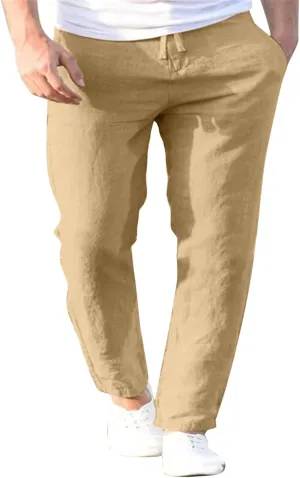 Mens Linen Cotton Casual Trousers 2024 Summer Resort Wear Beach Pants for Men Lightweight Elastic Waist Cruise Slack