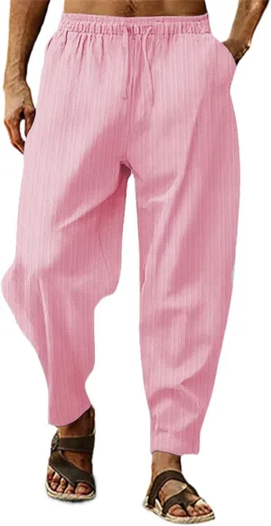 Mens Linen Cotton Yoga Casual Pants for Summer Drawstring Beach Trousers Loose Fit Baggy Lounge Jogger Sweatpants