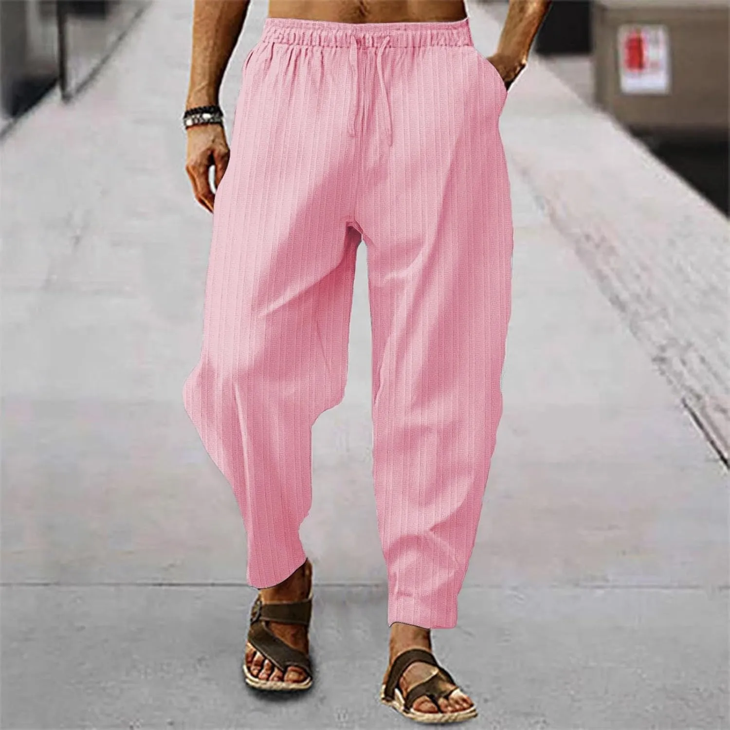 Mens Linen Cotton Yoga Casual Pants for Summer Drawstring Beach Trousers Loose Fit Baggy Lounge Jogger Sweatpants