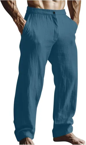 Men's Linen Pants Casual Loose Fit Elastic Waist Drawstring Straight Leg Summer Beach Yoga Long Trousers