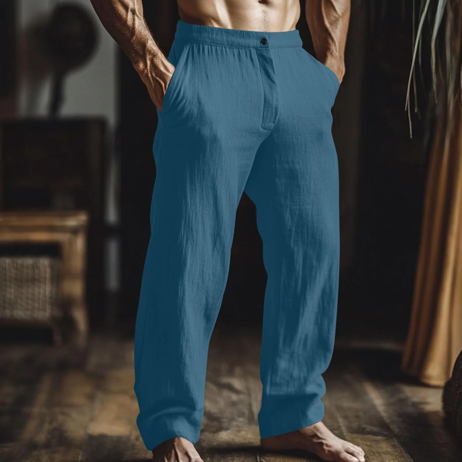 Men's Linen Pants Casual Loose Fit Elastic Waist Drawstring Straight Leg Summer Beach Yoga Long Trousers
