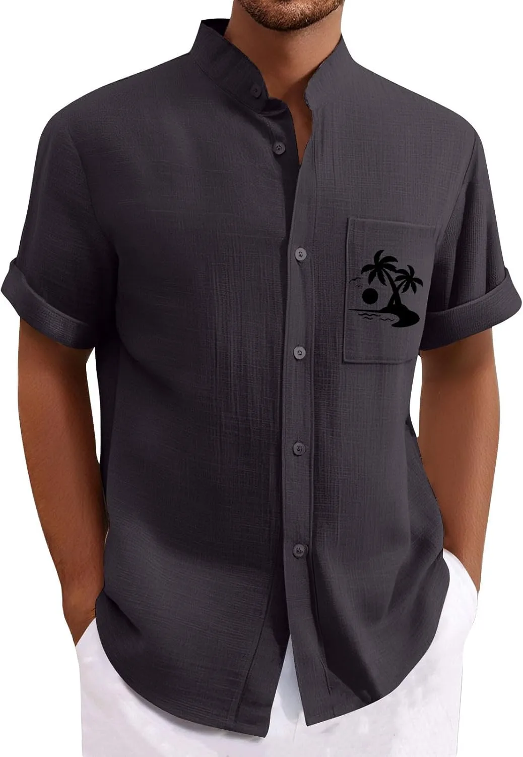 Mens Linen Shirt Plam Tree Printed Collarless Short Sleeve Button Down Shirt Lightweight Casual Beach Tops