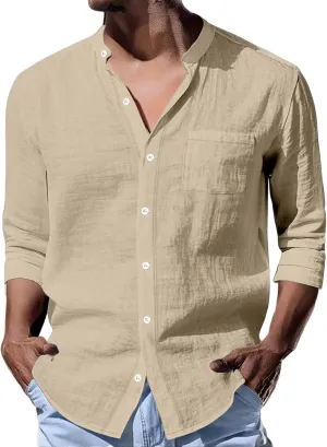Mens Linen Shirts Breathable Beach Shirt Long Sleeve Button Up Casual Summer Tops Banded Collar Vacation Trendy Tees