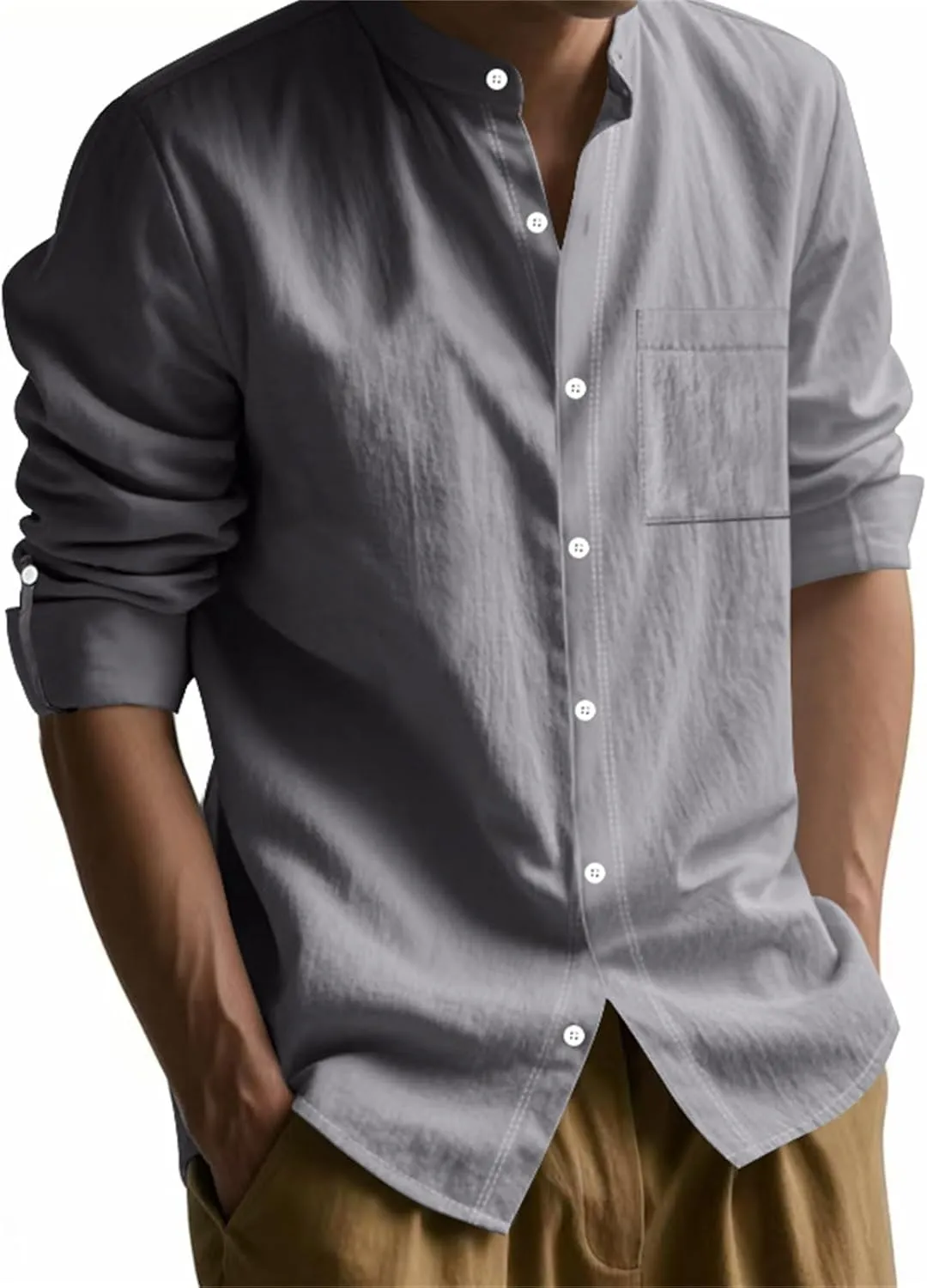 Mens Linen Shirts Breathable Beach Shirt Long Sleeve Button Up Casual Summer Tops Banded Collar Vacation Trendy Tees