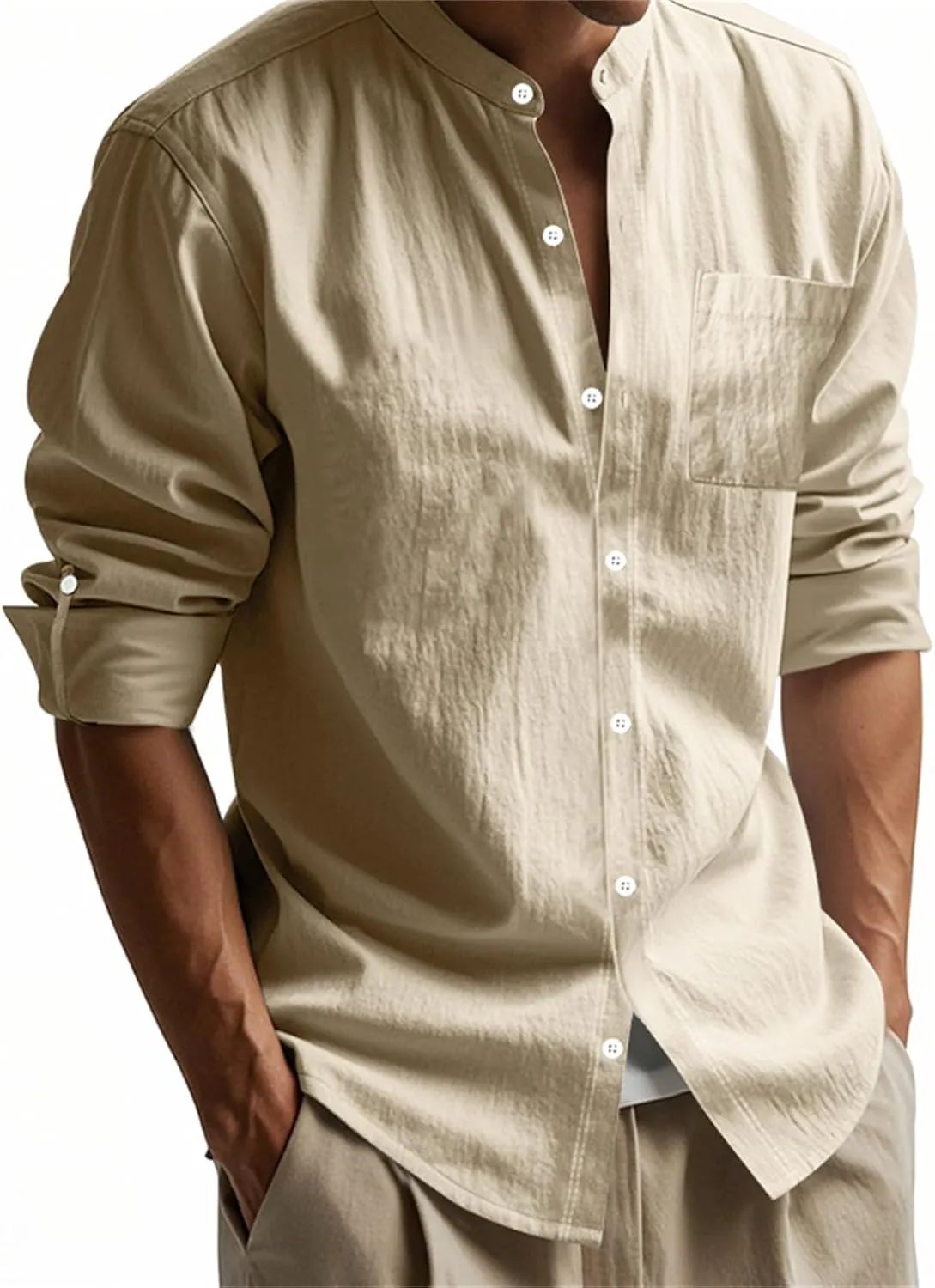 Mens Linen Shirts Breathable Beach Shirt Long Sleeve Button Up Casual Summer Tops Banded Collar Vacation Trendy Tees