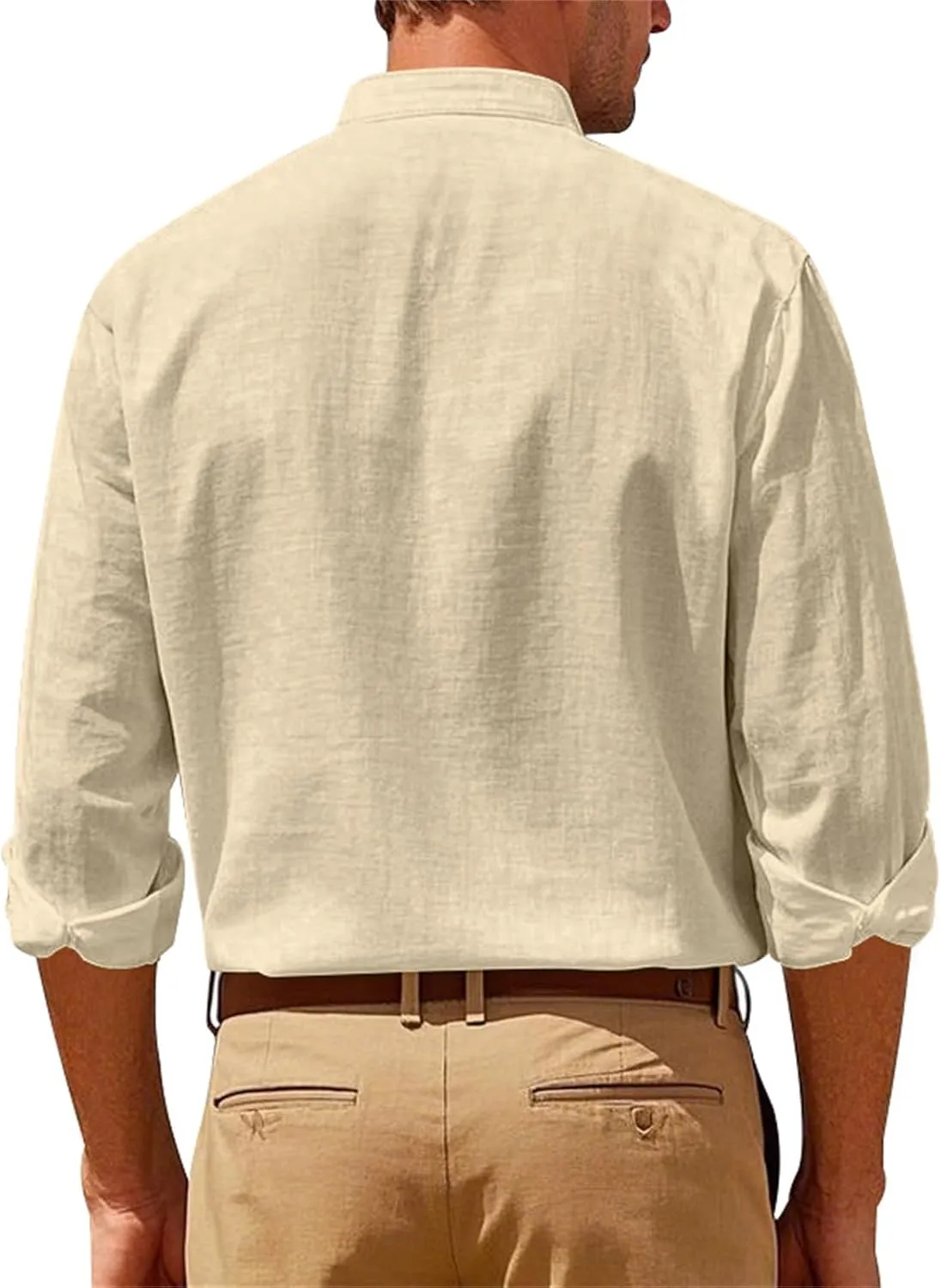 Mens Linen Shirts Breathable Beach Shirt Long Sleeve Button Up Casual Summer Tops Banded Collar Vacation Trendy Tees