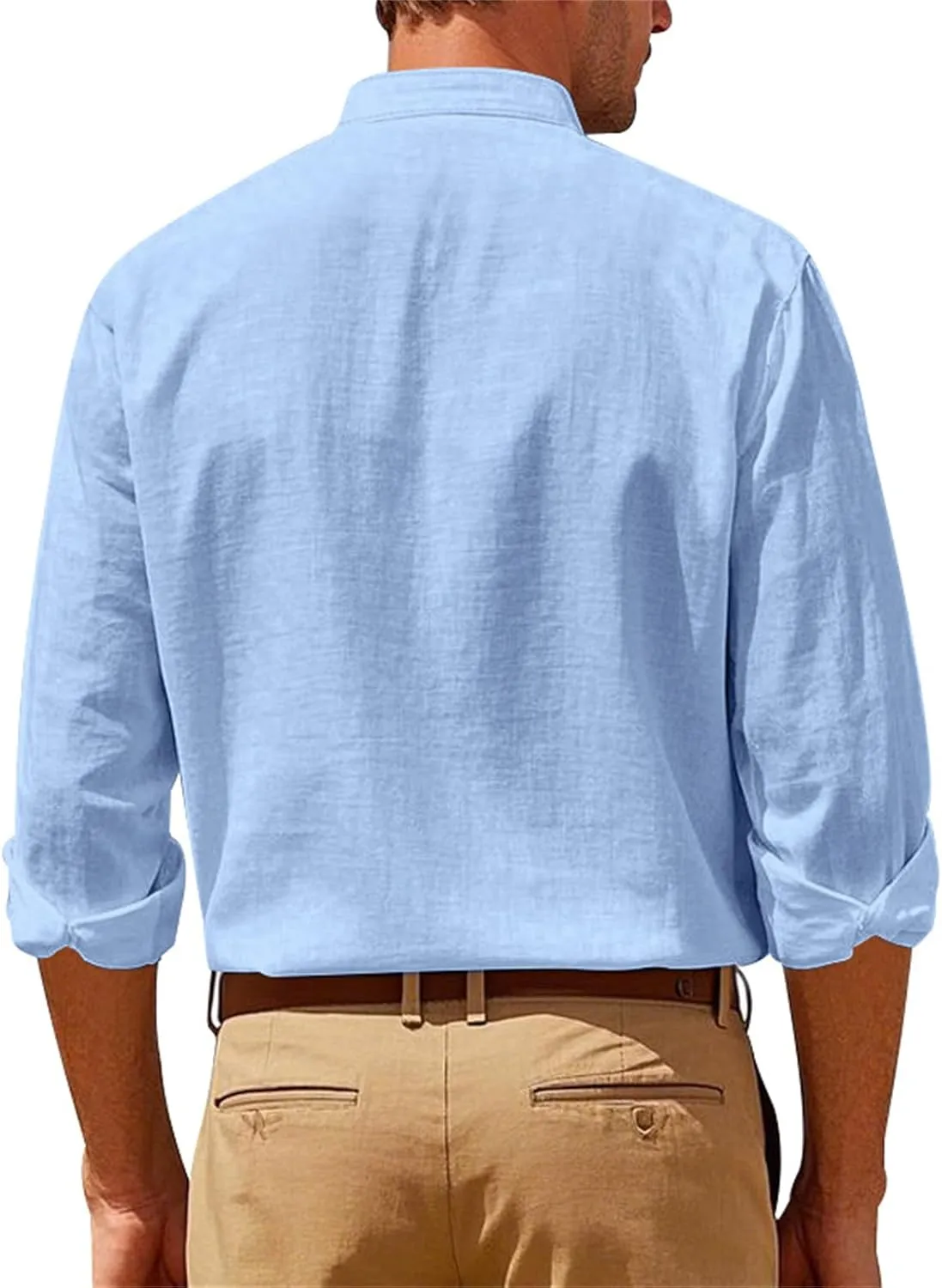 Mens Linen Shirts Breathable Beach Shirt Long Sleeve Button Up Casual Summer Tops Banded Collar Vacation Trendy Tees