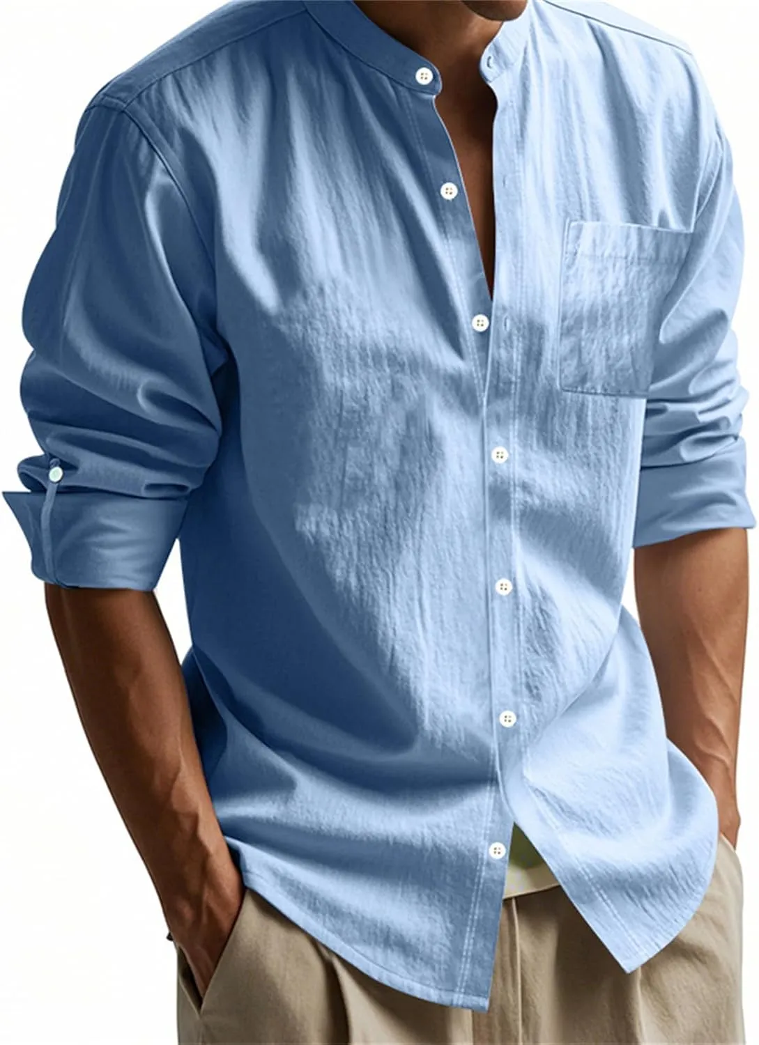 Mens Linen Shirts Breathable Beach Shirt Long Sleeve Button Up Casual Summer Tops Banded Collar Vacation Trendy Tees