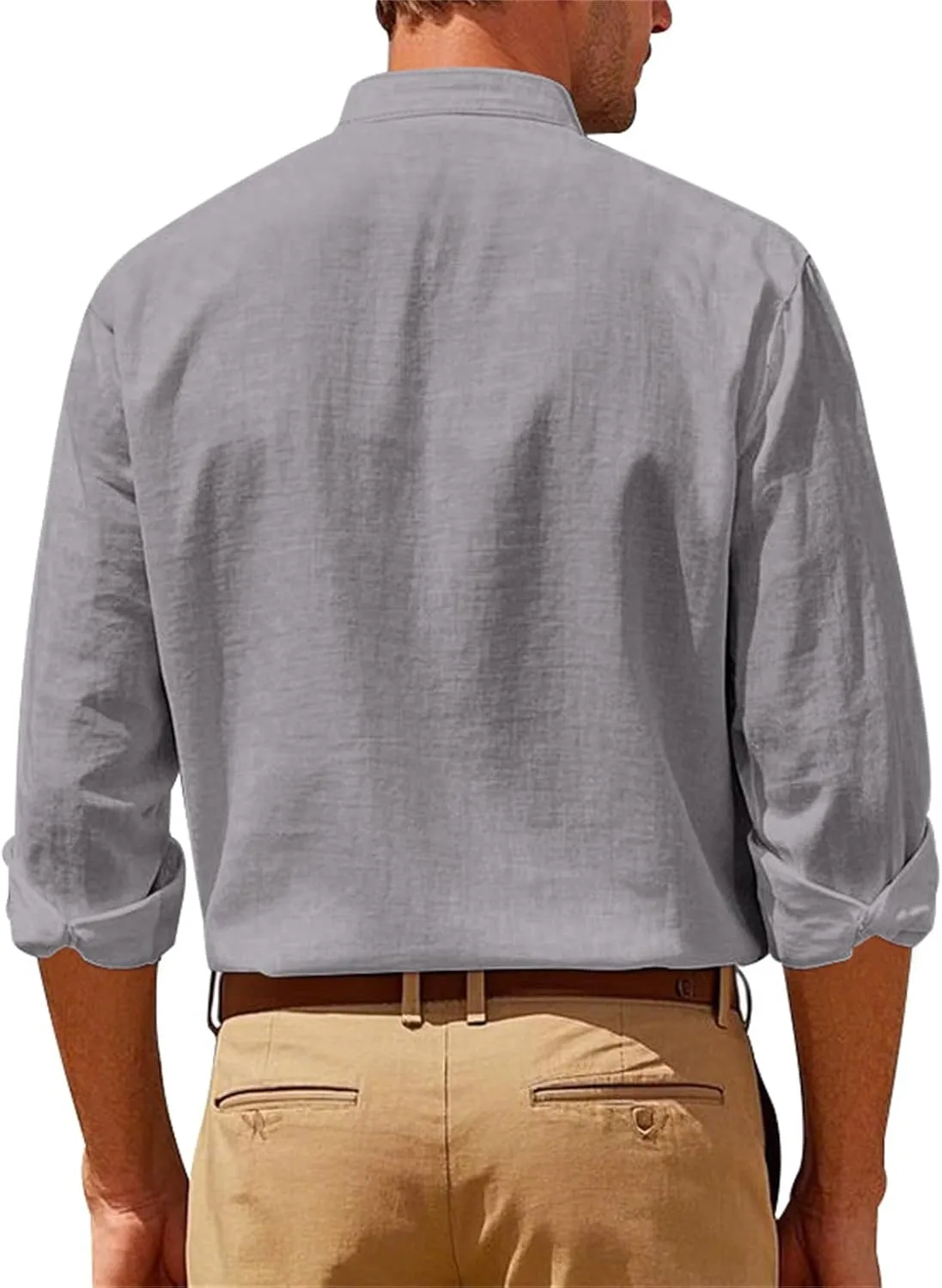 Mens Linen Shirts Breathable Beach Shirt Long Sleeve Button Up Casual Summer Tops Banded Collar Vacation Trendy Tees