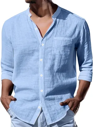 Mens Linen Shirts Breathable Beach Shirt Long Sleeve Button Up Casual Summer Tops Banded Collar Vacation Trendy Tees