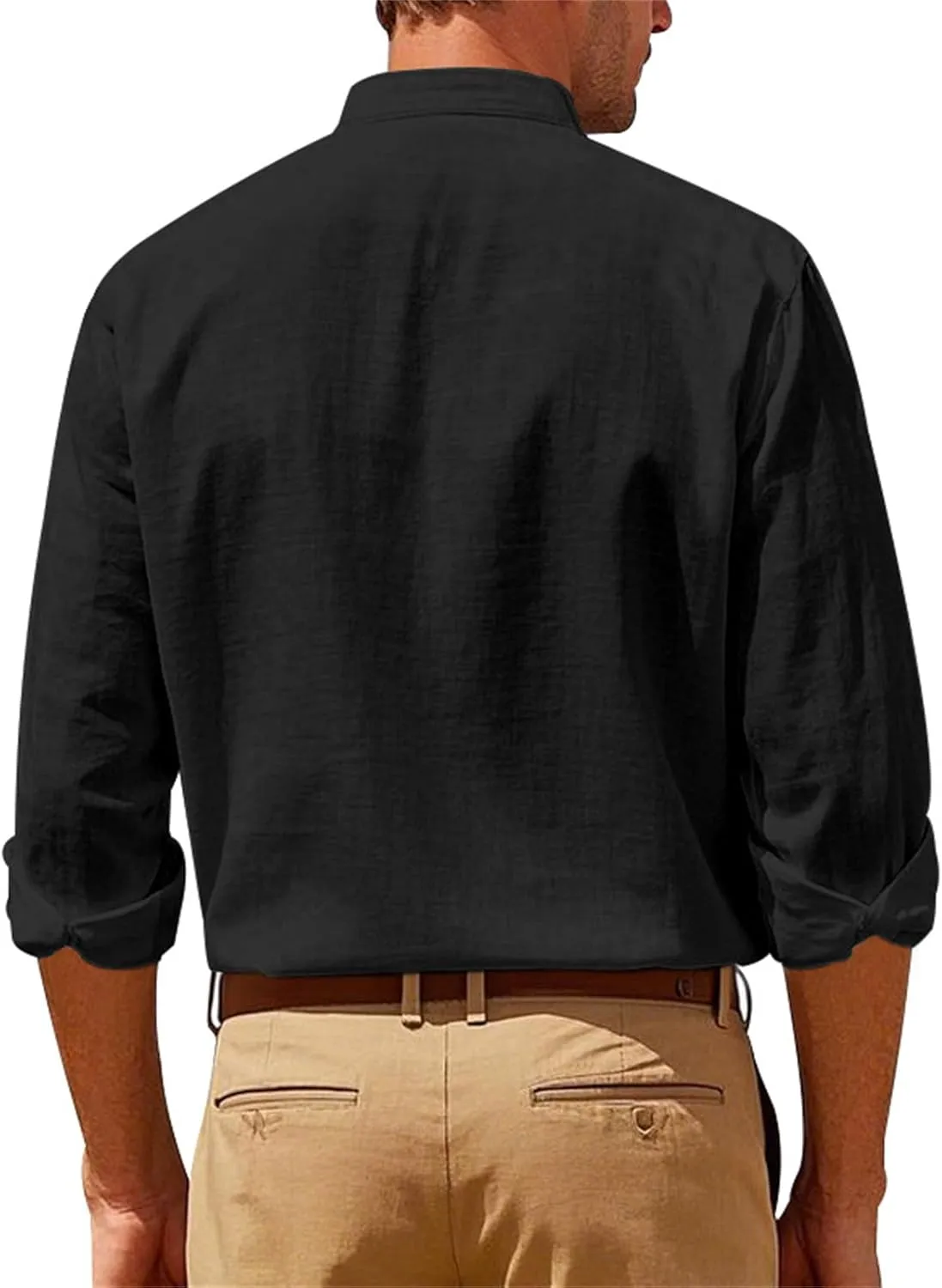 Mens Linen Shirts Breathable Beach Shirt Long Sleeve Button Up Casual Summer Tops Banded Collar Vacation Trendy Tees