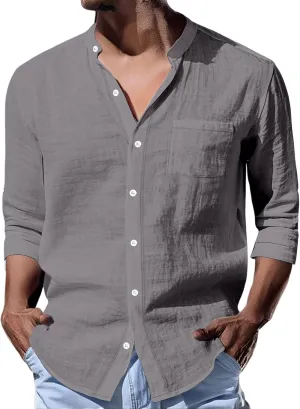 Mens Linen Shirts Breathable Beach Shirt Long Sleeve Button Up Casual Summer Tops Banded Collar Vacation Trendy Tees