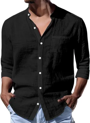 Mens Linen Shirts Breathable Beach Shirt Long Sleeve Button Up Casual Summer Tops Banded Collar Vacation Trendy Tees