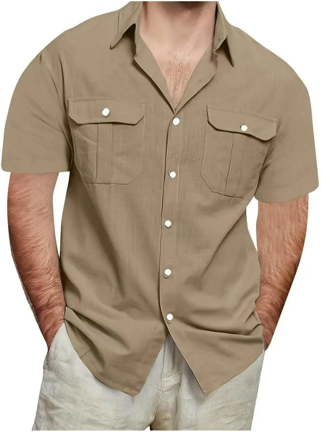 Mens Linen Shirts Short Sleeve Button Down Dressy Shirt Casual Vacation Beach Summer Tops with Pockets