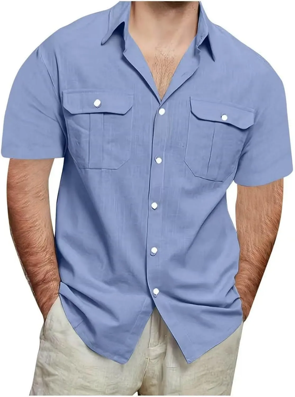 Mens Linen Shirts Short Sleeve Button Down Dressy Shirt Casual Vacation Beach Summer Tops with Pockets