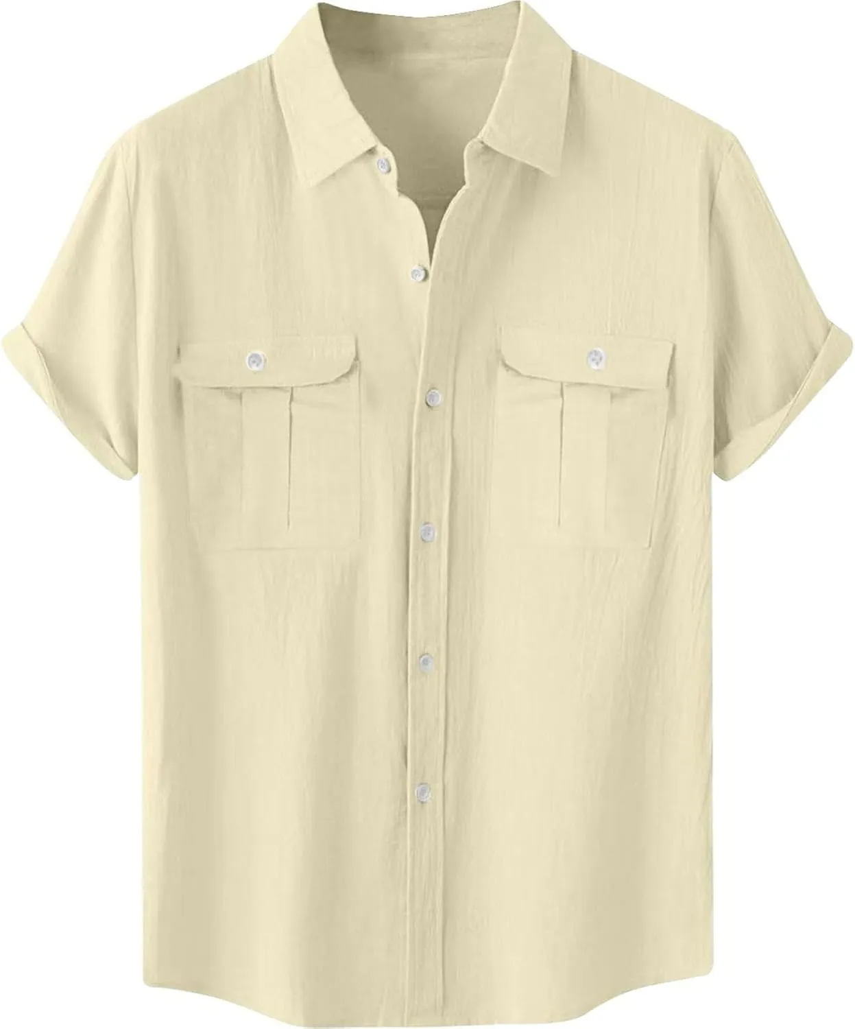 Mens Linen Shirts Short Sleeve Button Down Dressy Shirt Casual Vacation Beach Summer Tops with Pockets