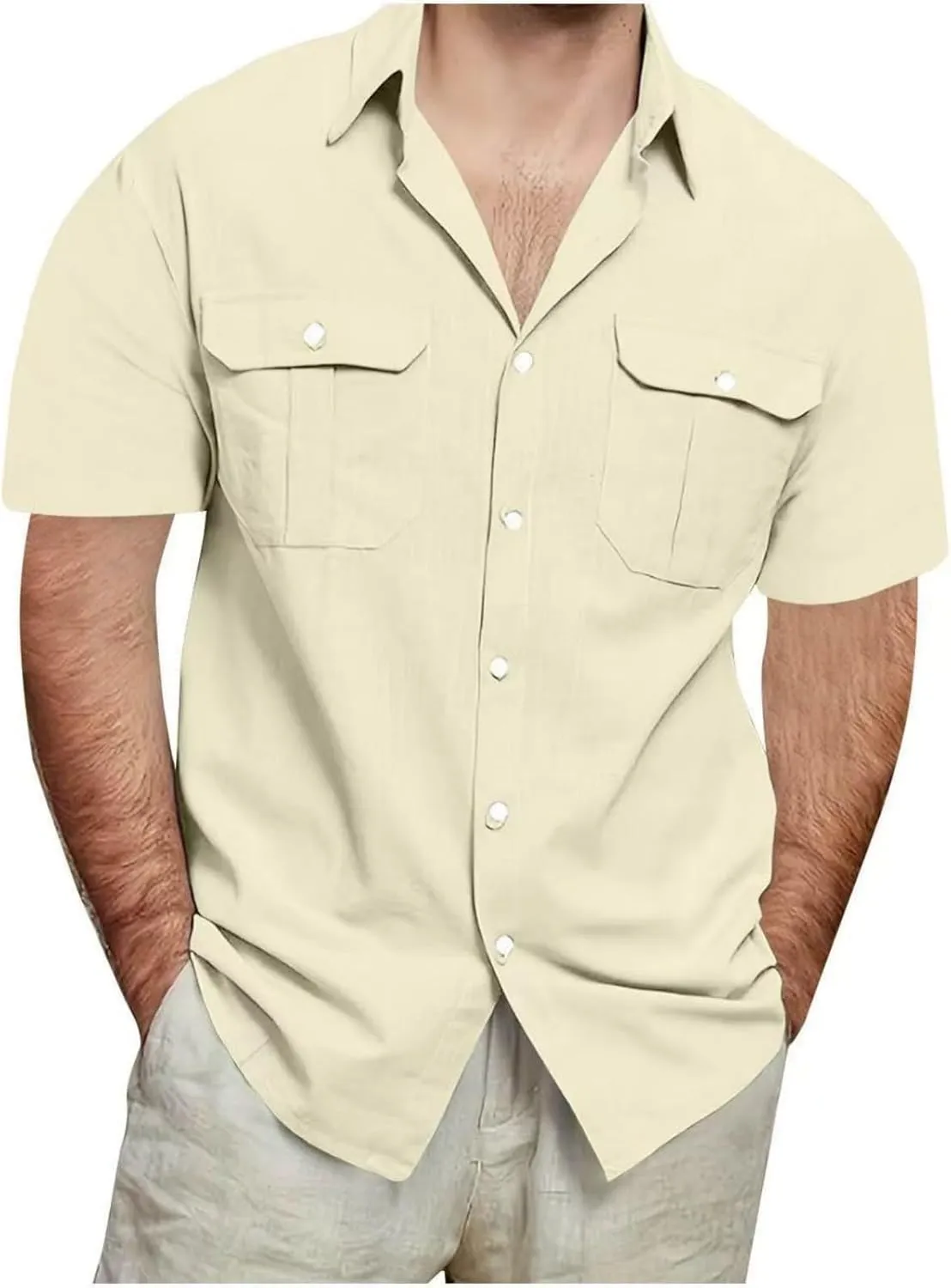 Mens Linen Shirts Short Sleeve Button Down Dressy Shirt Casual Vacation Beach Summer Tops with Pockets