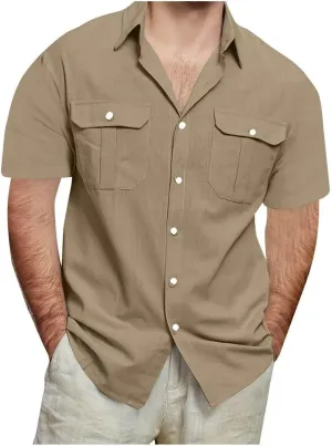 Mens Linen Shirts Short Sleeve Button Down Dressy Shirt Casual Vacation Beach Summer Tops with Pockets