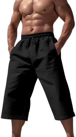 Mens Linen Yoga Beach Long Shorts 3/4 Below Knee Length Running Lounge Capri Pants Drawstring Harem Sports Shorts