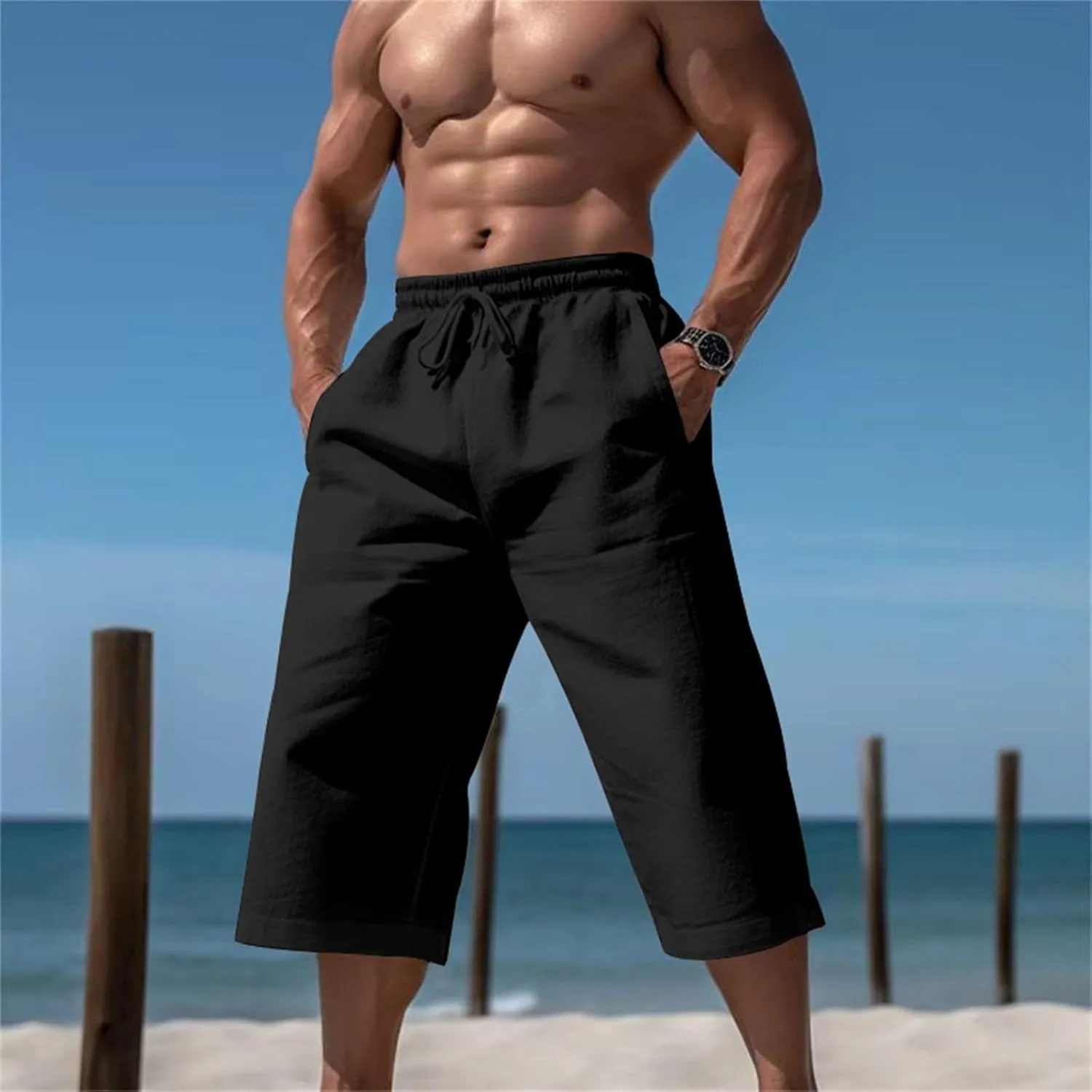 Mens Linen Yoga Beach Long Shorts 3/4 Below Knee Length Running Lounge Capri Pants Drawstring Harem Sports Shorts