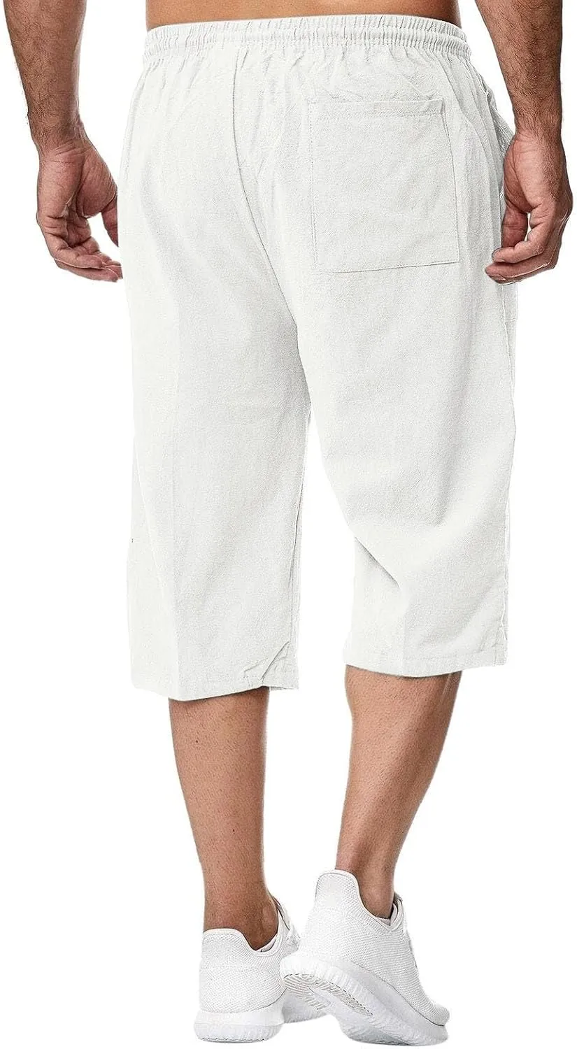 Mens Long Shorts Cotton Linen Knee Length 3/4 Fishing Pants Summer Drawstring Sport Lounge Capri Pant with Pockets