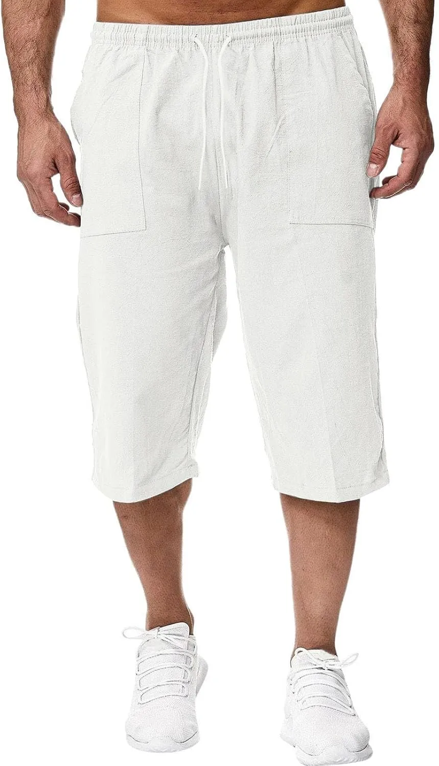Mens Long Shorts Cotton Linen Knee Length 3/4 Fishing Pants Summer Drawstring Sport Lounge Capri Pant with Pockets