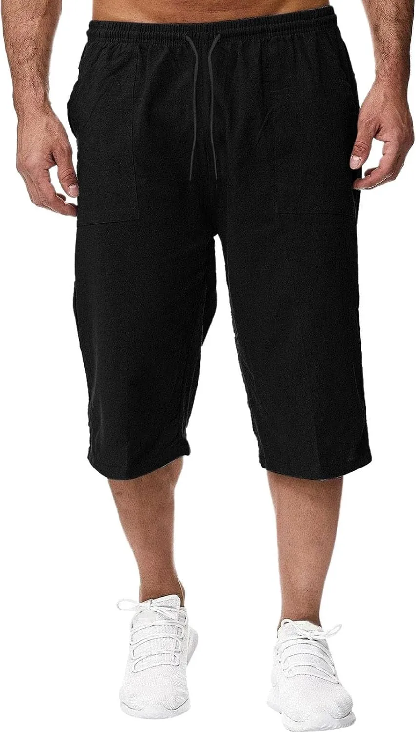 Mens Long Shorts Cotton Linen Knee Length 3/4 Fishing Pants Summer Drawstring Sport Lounge Capri Pant with Pockets