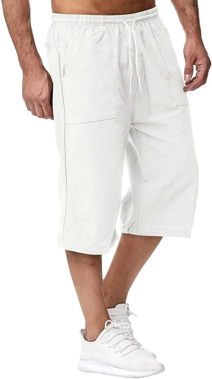 Mens Long Shorts Cotton Linen Knee Length 3/4 Fishing Pants Summer Drawstring Sport Lounge Capri Pant with Pockets