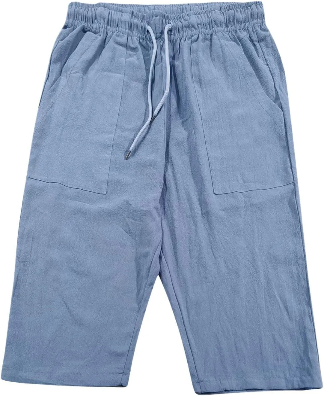 Mens Long Shorts Cotton Linen Knee Length 3/4 Fishing Pants Summer Drawstring Sport Lounge Capri Pant with Pockets