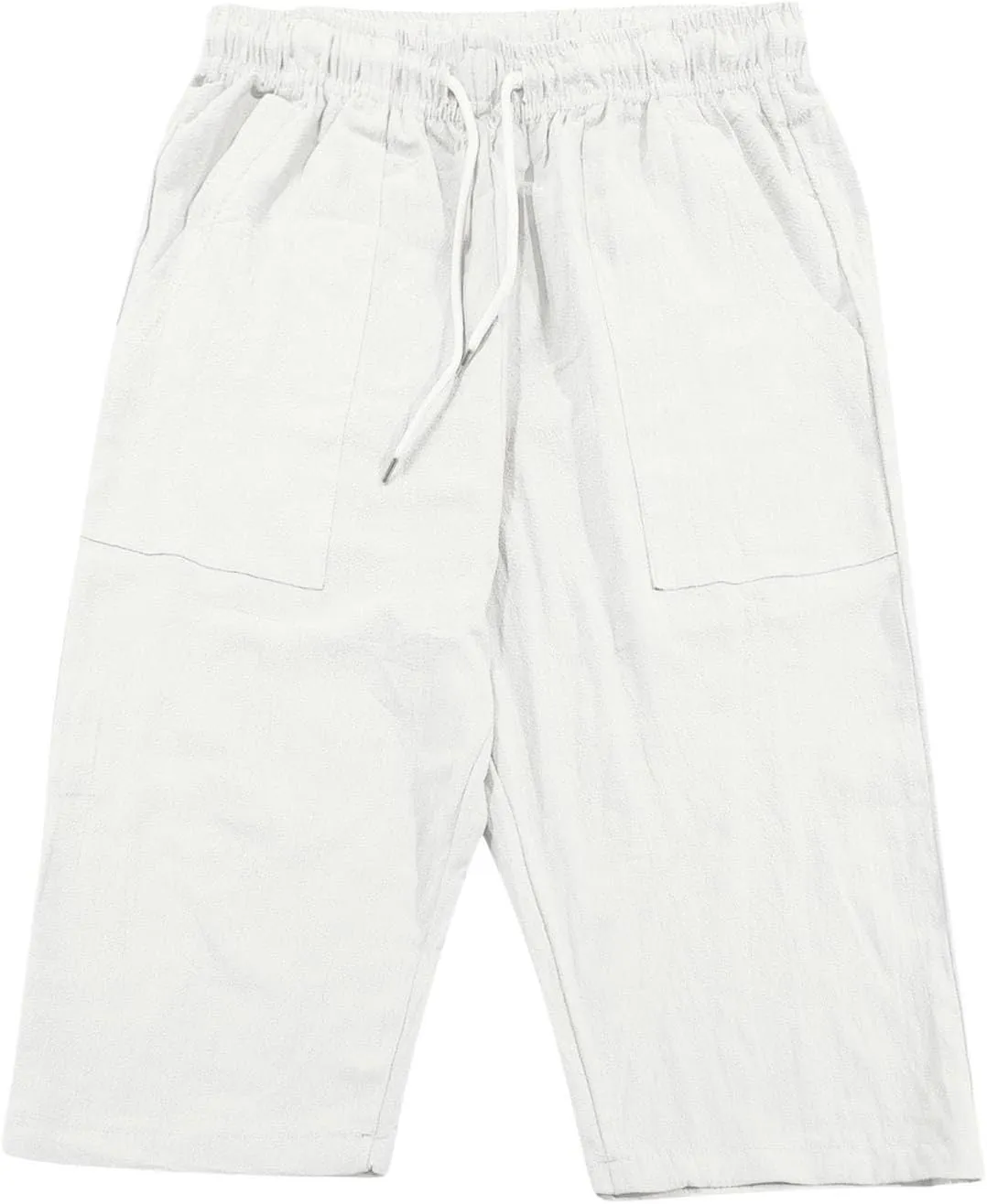 Mens Long Shorts Cotton Linen Knee Length 3/4 Fishing Pants Summer Drawstring Sport Lounge Capri Pant with Pockets