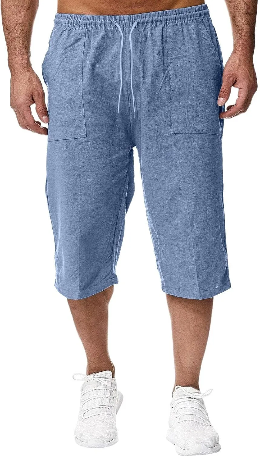 Mens Long Shorts Cotton Linen Knee Length 3/4 Fishing Pants Summer Drawstring Sport Lounge Capri Pant with Pockets