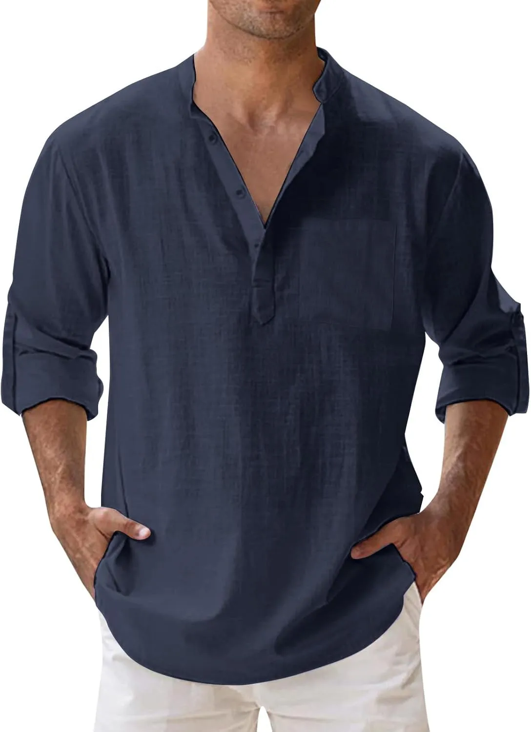 Men's Long Sleeve Shirt Linen Roll Up Cotton Beach Casual Shirts Henley T-Shirt Band Collar Vacation Tops with Pocket