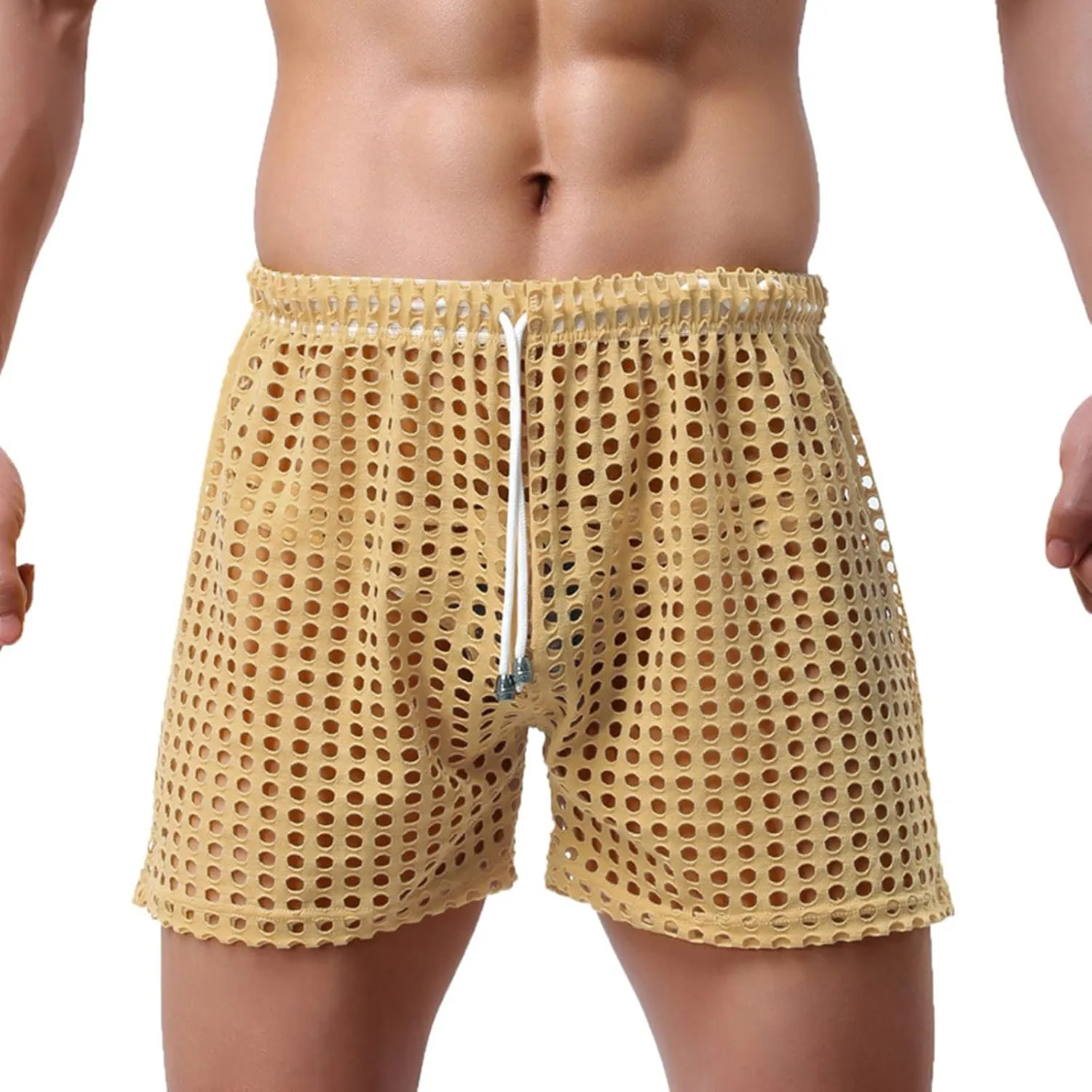Men's Mesh Fishnet Boxer Briefs See-Through Sexy Low Waist Drawstring Underwear Ultra Breathable Male Erotic Lingerie