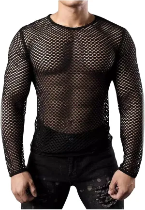 Men's Mesh Fishnet Top Fitted Beach Muscle Tee Shirts Sheer See Through Gym Workout T-Shirt Net Undershirt Clubwear