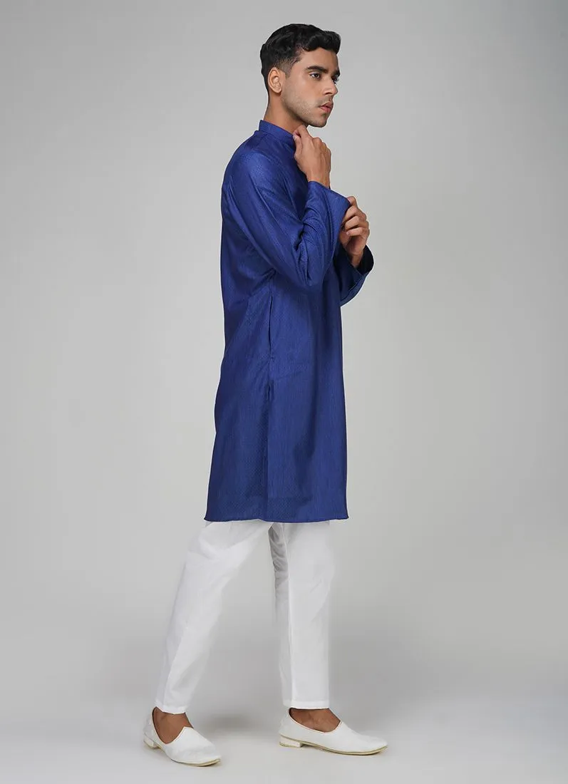 Men's Navy Blue Dobby Kurta Pajama Set